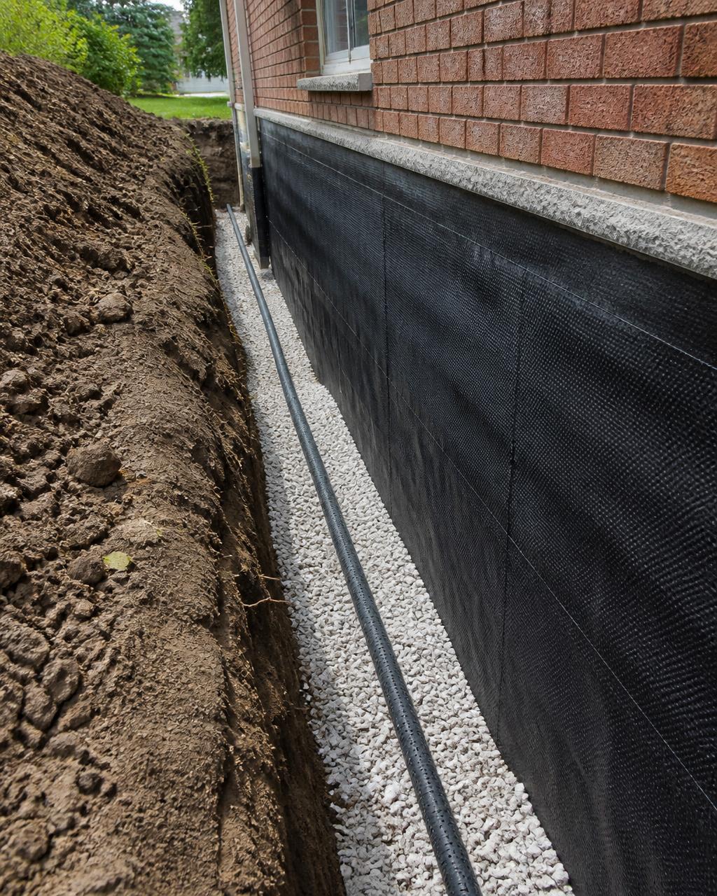 Exterior foundation waterproofing membrane and drainage installation
