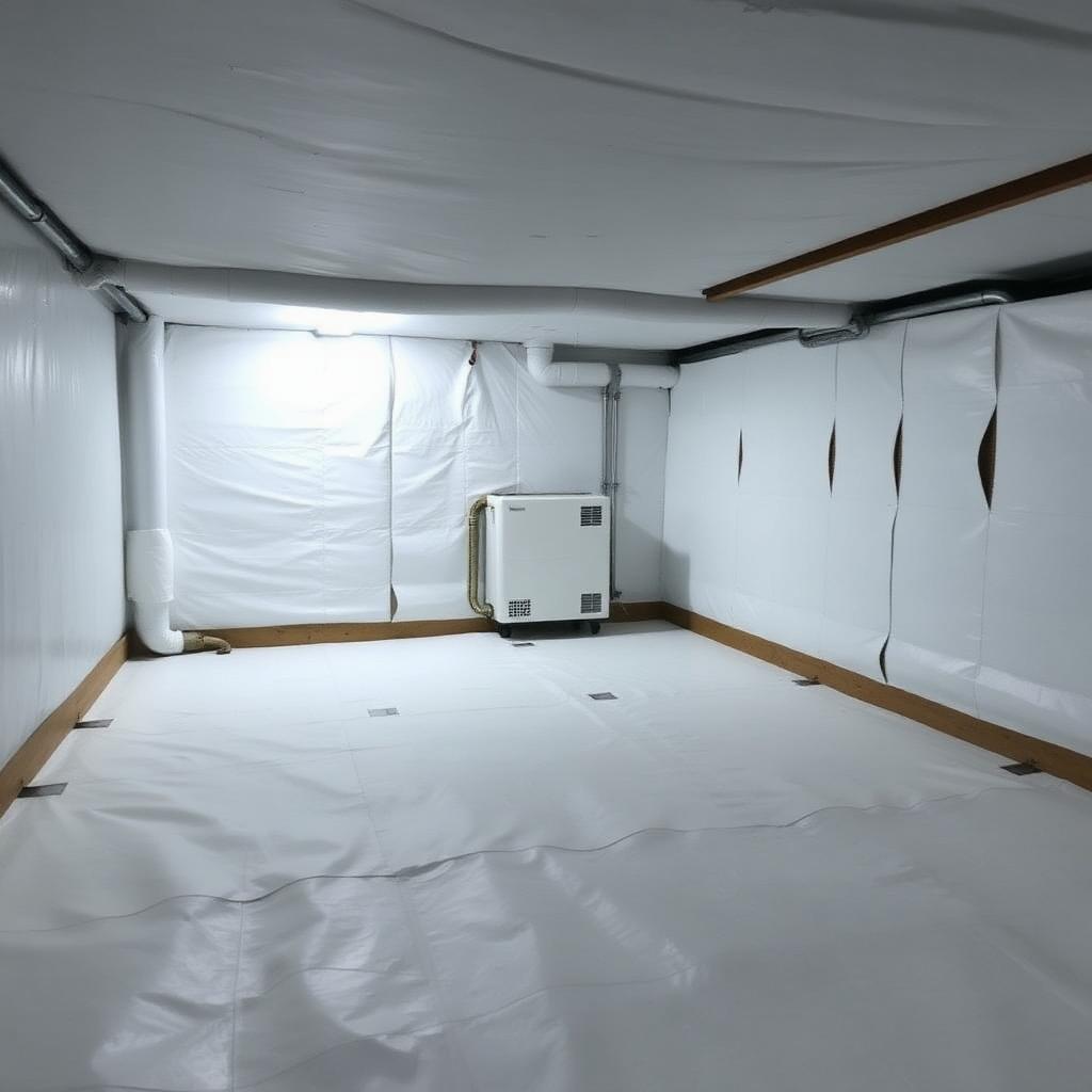 Crawl space encapsulated with white vapor barrier and dehumidifier