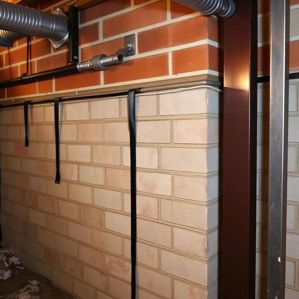 Foundation wall reinforced with carbon fiber straps and steel bracing