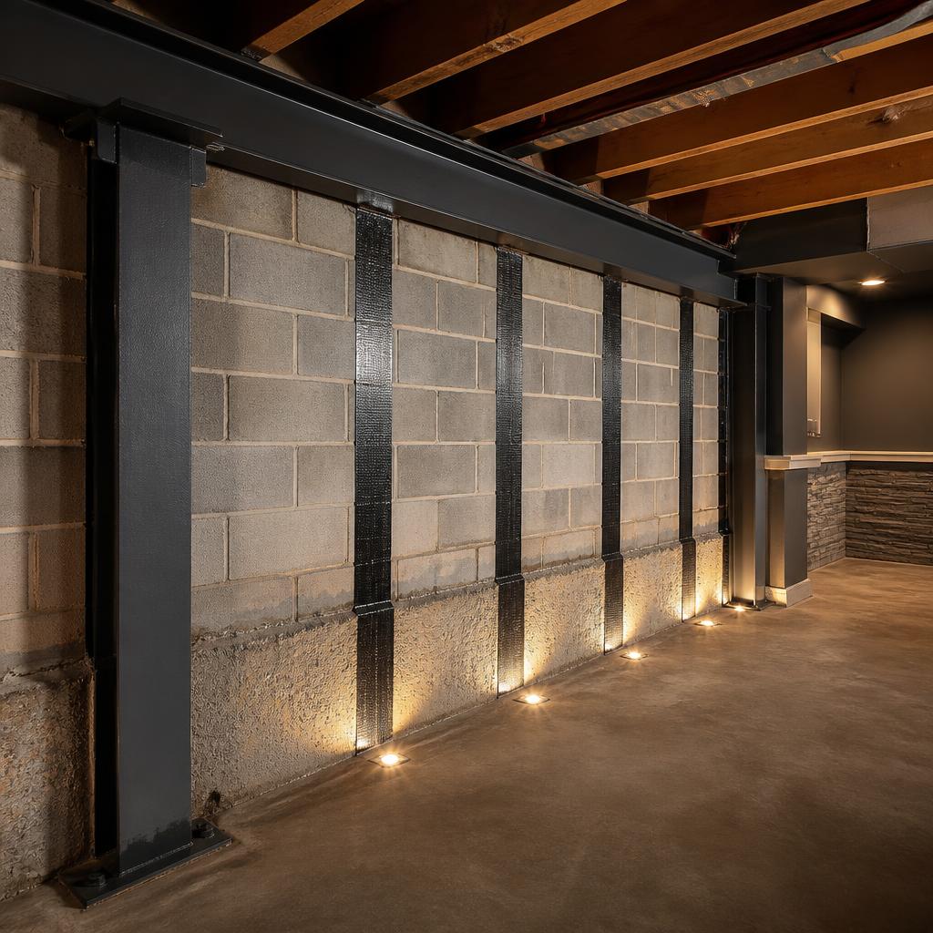 Bowed basement wall straightened with steel I-beams and carbon fiber straps